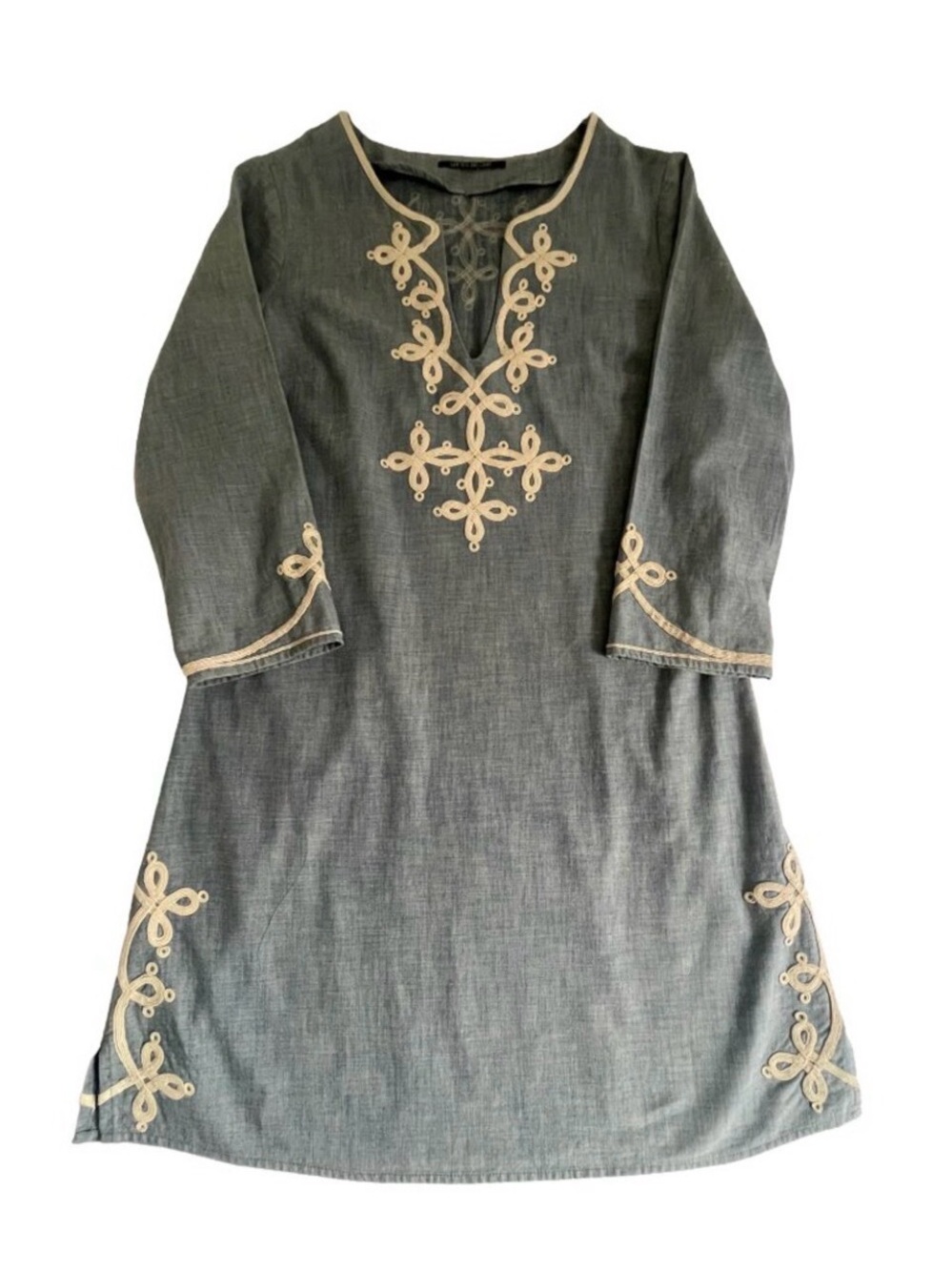Lucky Brand Embroidered Chambray Tunic Dress Boho Mini Dress